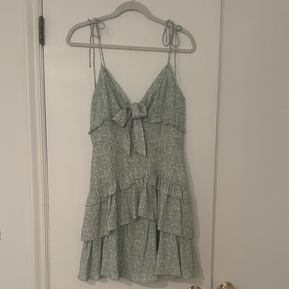 Storia Sage Green Floral Tie-Front Ruffle Mini Dress